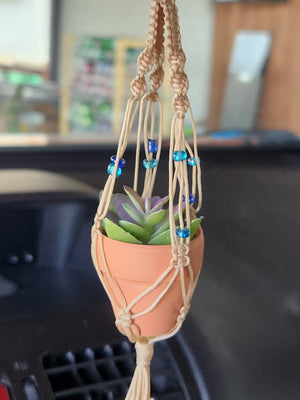 Fun Mini Macrame Potted Succulent Plant Hanging Ornament for Car Rearview Mirror