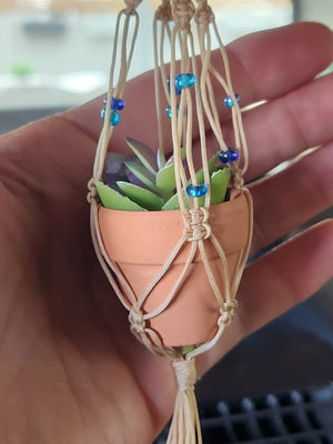 Fun Mini Macrame Potted Succulent Plant Hanging Ornament for Car Rearview Mirror