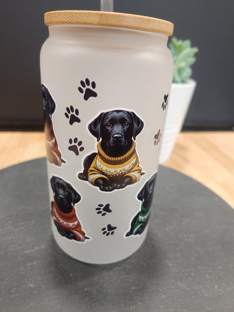 Black Labs in Colorful Sweaters - Frosted 16oz Beer Can Glass with Straw and Bamboo Lid