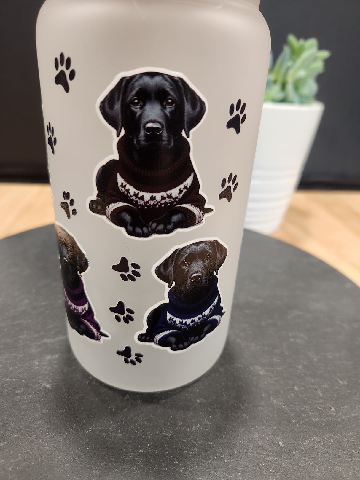 Black Labs in Colorful Sweaters - Frosted 16oz Beer Can Glass with Straw and Bamboo Lid