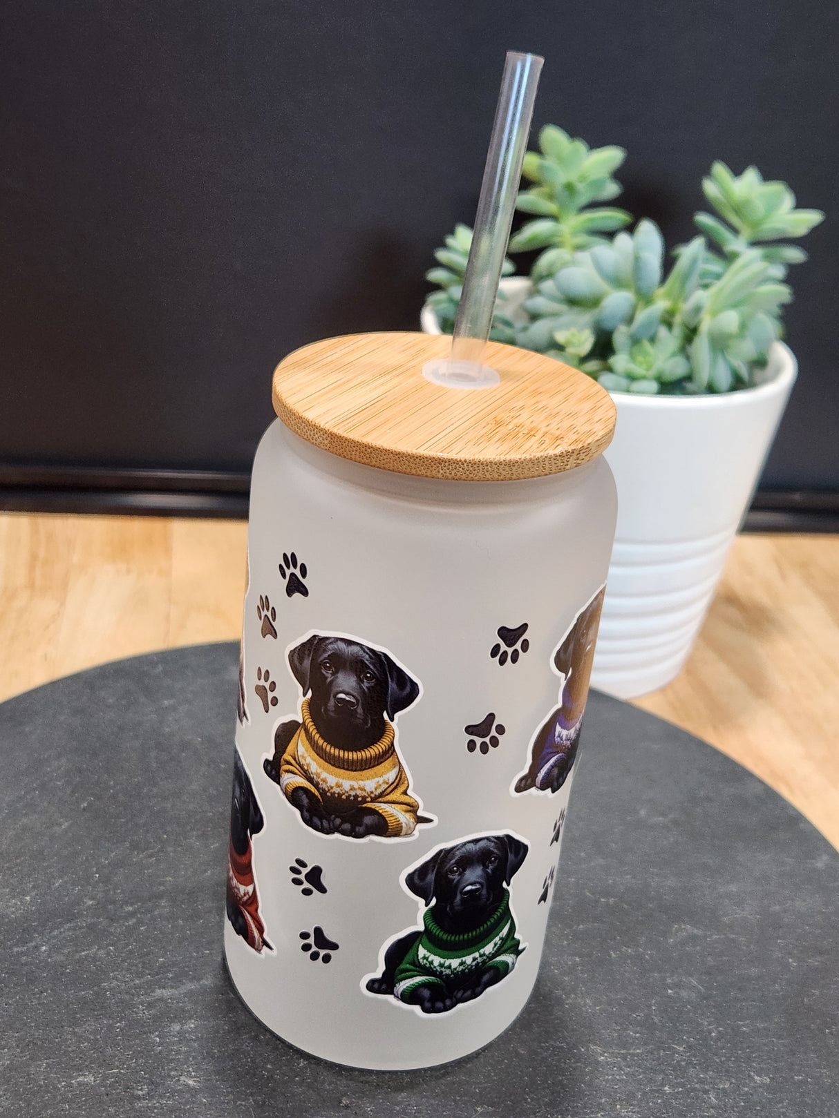 Black Labs in Colorful Sweaters - Frosted 16oz Beer Can Glass with Straw and Bamboo Lid