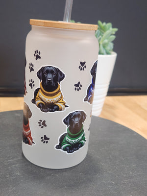 Black Labs in Colorful Sweaters - Frosted 16oz Beer Can Glass with Straw and Bamboo Lid