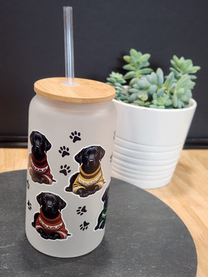 Black Labs in Colorful Sweaters - Frosted 16oz Beer Can Glass with Straw and Bamboo Lid