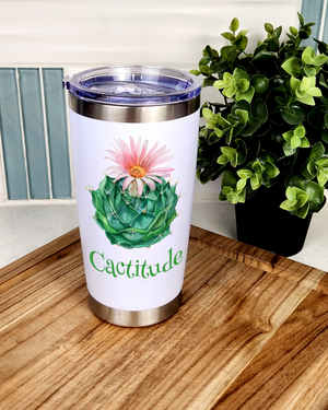 Cactitude Cactus Lover White Travel Insulated Tumbler Mug with Straw 20oz