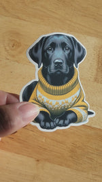 Black Lab Puppy Dog Wearing a Cozy Colorful Sweater Die Cut Individual Sticker