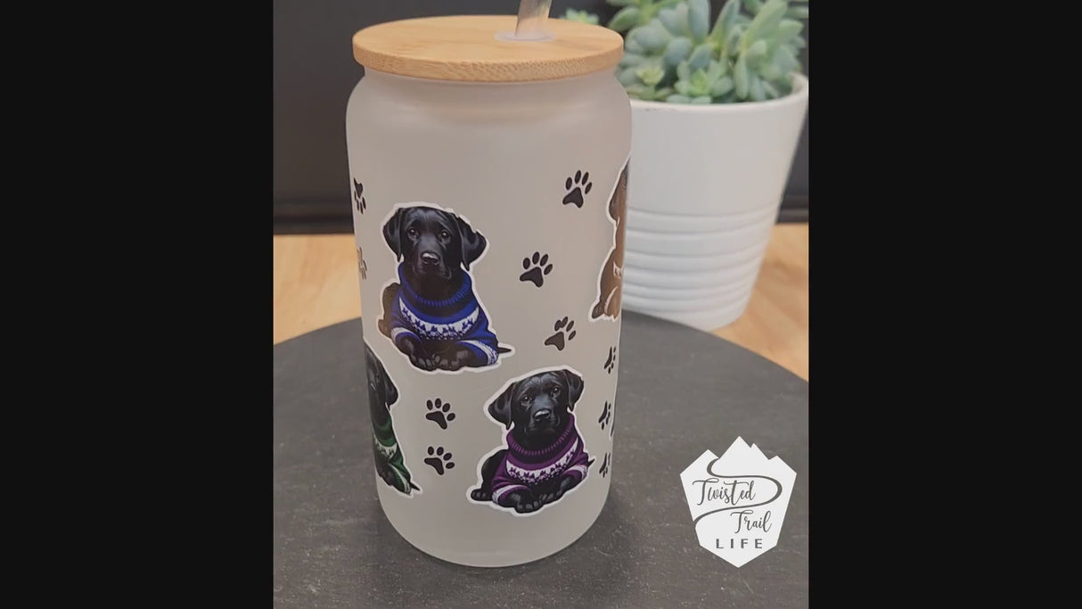 Black Labs in Colorful Sweaters - Frosted 16oz Beer Can Glass with Straw and Bamboo Lid