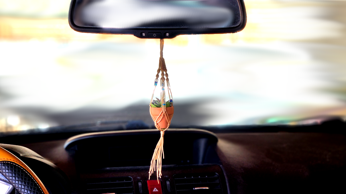 Fun Mini Macrame Potted Succulent Plant Hanging Ornament for Car Rearview Mirror